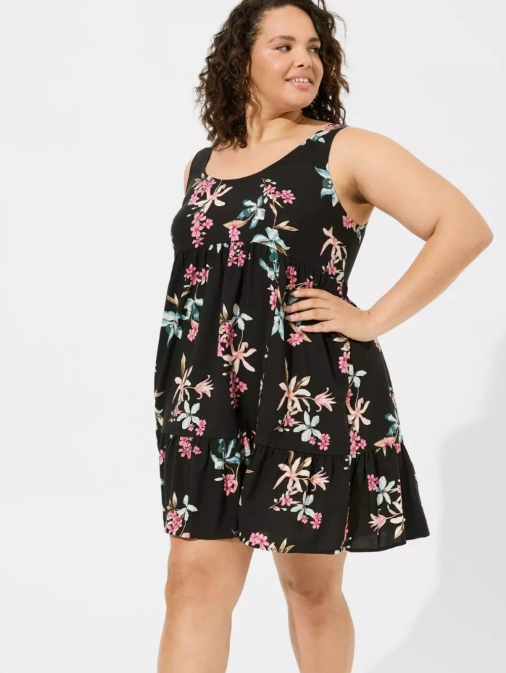 Torrid Black Floral Mini Challis Tiered Tank Dress